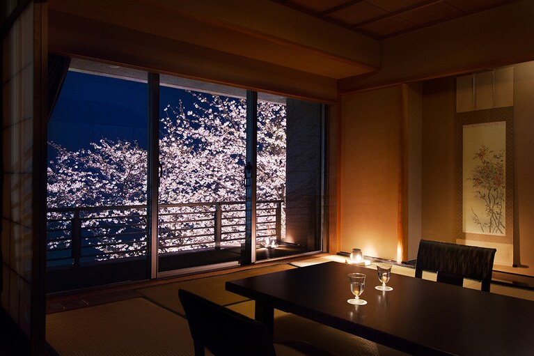 客室からも夜桜が眺められる。