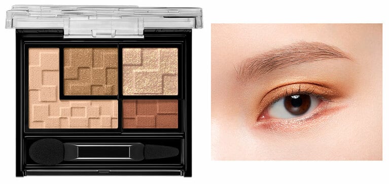 ケイト　バーチャルアイズメイカー OR-1 タソガレ。優しいオレンジベージュにキラキラ入りのオレンジブラウン、左端の色を極限まで輝かせたようなオレンジラメと、レンガカラーの4色。