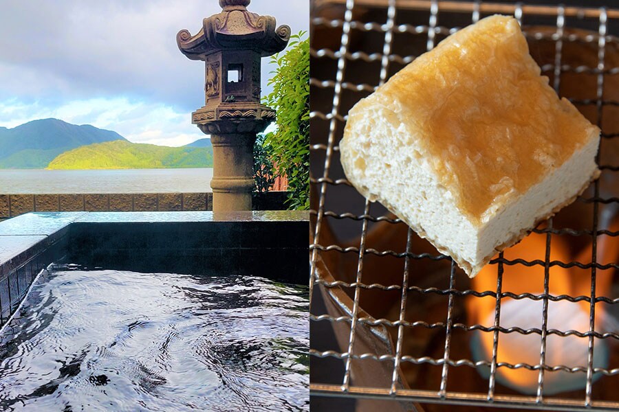 〈写真左〉三方湖を眺める天然温泉の露天風呂。〈写真右〉朝食には、福井名物の油揚げが。自分であぶってあつあつを。