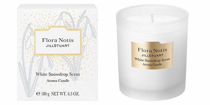 フローラノーティス　ジルスチュアート　ホワイトスノードロップ　アロマキャンドル 180g 5,500円(限定発売中)。