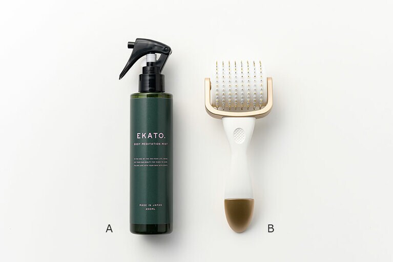 A：EKATO.「ボディ メディテーションミスト」200mL 5,000円、B：EKATO.「ボディ メディテーションローラー」20,000円(限定発売中)