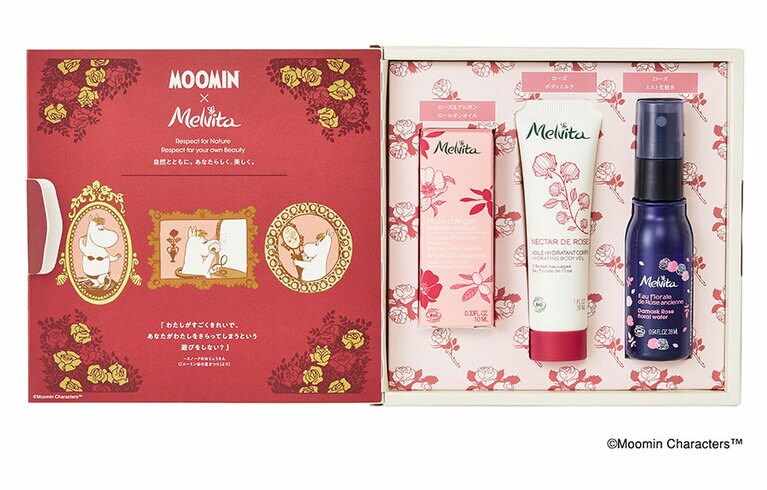 オーガニック ローズコフレ with スノークのおじょうさん 3,080円。セット内容：Xmas 2021 ローズタッチオイル 10ml、ネクターデローズ ボディミルク 30ml、フラワーウォーター リセットミスト ローズ 28ml。発売日：11月3日(水)