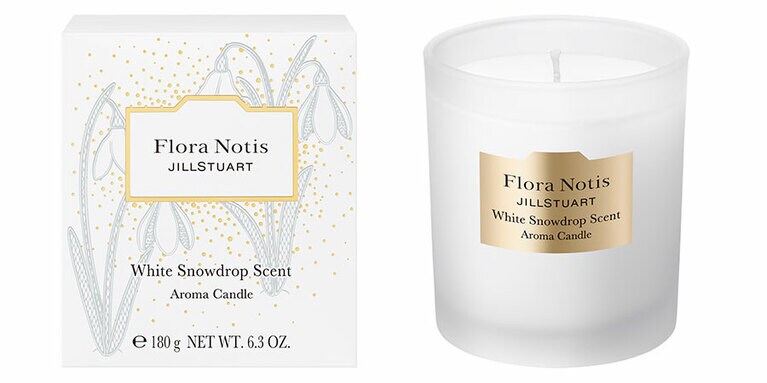 フローラノーティス　ジルスチュアート　ホワイトスノードロップ　アロマキャンドル 180g 5,500円(限定発売中)。