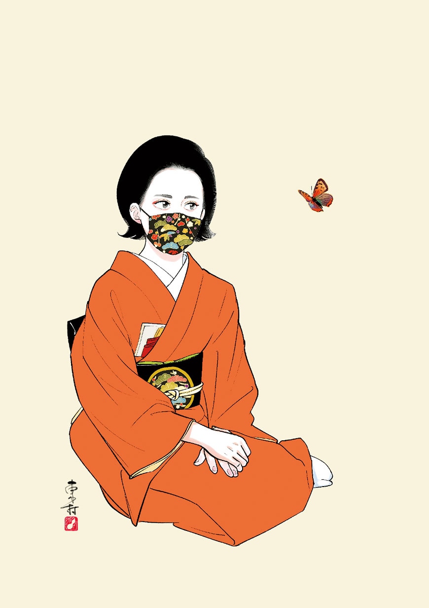 東村さんが最初に手掛けた「NEO美人画」作品NO.1『ソーシャルディスタンス』。連綿と続いてきた美人画の歴史に令和の女性が連なる。NFT作品はAdam byGMOにて販売。11月22～27日に東京・青山のスパイラルガーデンで個展も開催される。 ©Higashimura Akiko, neostory, No.1 social distancing, 2022.