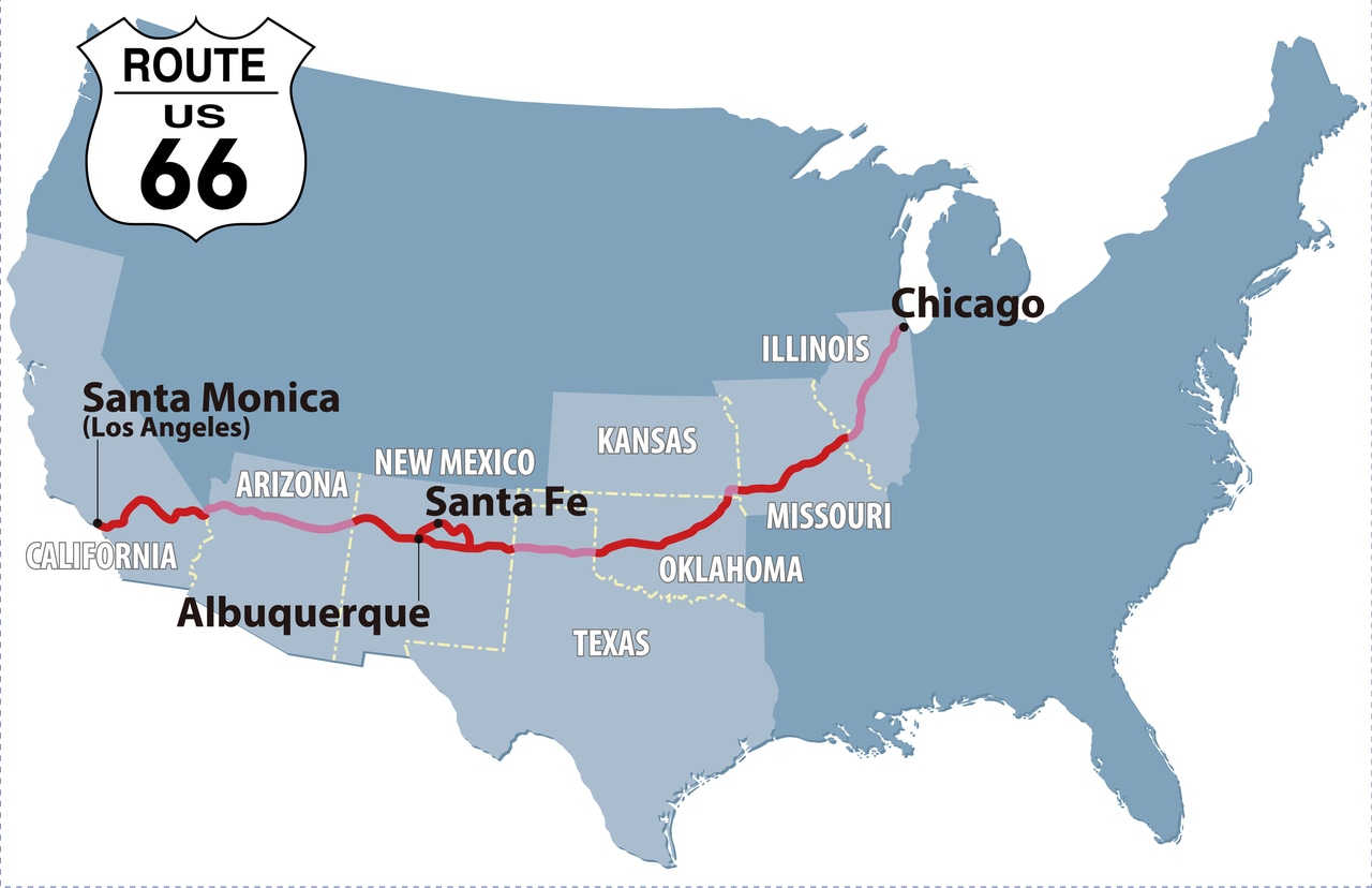 アメリカ第3の都市シカゴ(イリノイ州)から西海岸のサンタモニカ(カリフォルニア州)までを駆け抜けるルート66。(map=Cmap)