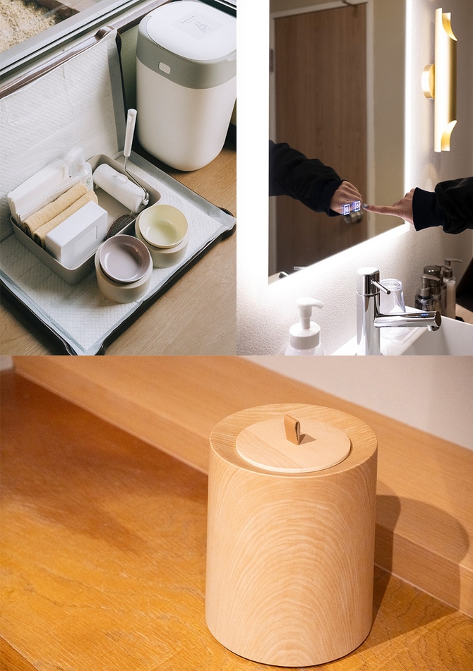 〈左上〉充実したドッグアメニティ。〈右上〉タッチセンサーでライトが操作できる洗面所のミラー。〈下〉デザイン性も衛生面にも配慮された蓋付きゴミ箱。