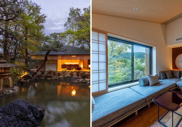 左：雅な池庭のなかには、離れ「 八重一重」が。 
右：心静かな時間を過ごせるゆったりとした客室。