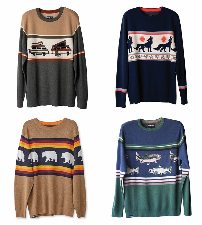 ジャガードニットシリーズ「ハイライン」(Dream Van、Howling Wolf、Snow Bear、Go Fish／S、M／素材：アクリル55％、コットン45％)各13,200円。