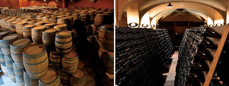 左：無数に積み上げられた熟成樽。 
右： 歴史と深みを物語る奥行きある貯蔵庫。
