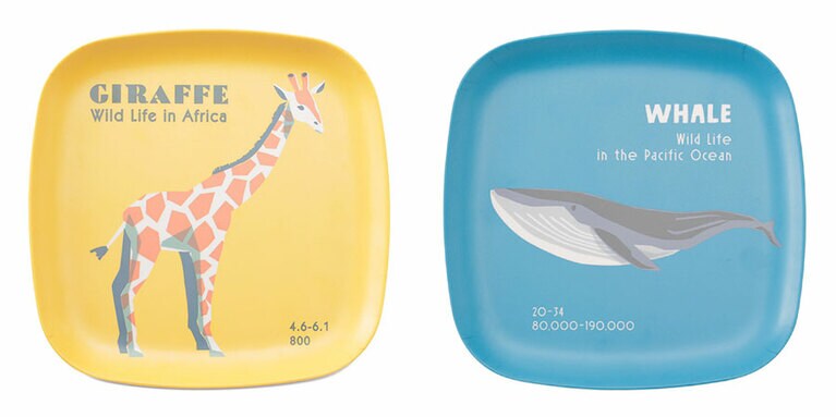 バンブーファイバー プレート Giraffe／Whale 各490円。