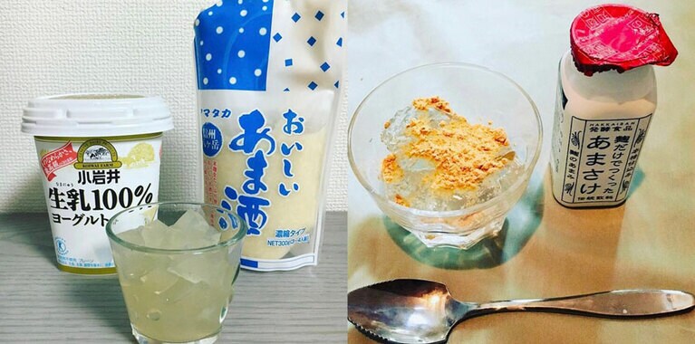 甘酒を寒天にそのままかけたり、ヨーグルトやきなこをかけた後に足したりします。