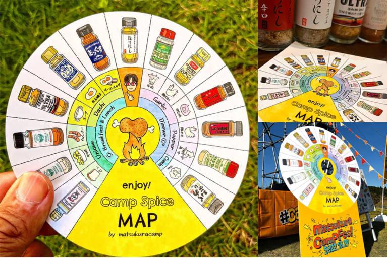 アウトドア調味料の研究をするなかで、どんな食材にどんなスパイスが合うかを記した独自のスパイスマップも制作。