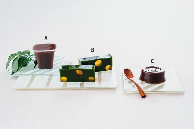 A：のどごし一番 本生水羊羹／たねや、B：季節の羊羹 笹ほたる／紫野和久傳、C：水羊羹／芭蕉庵