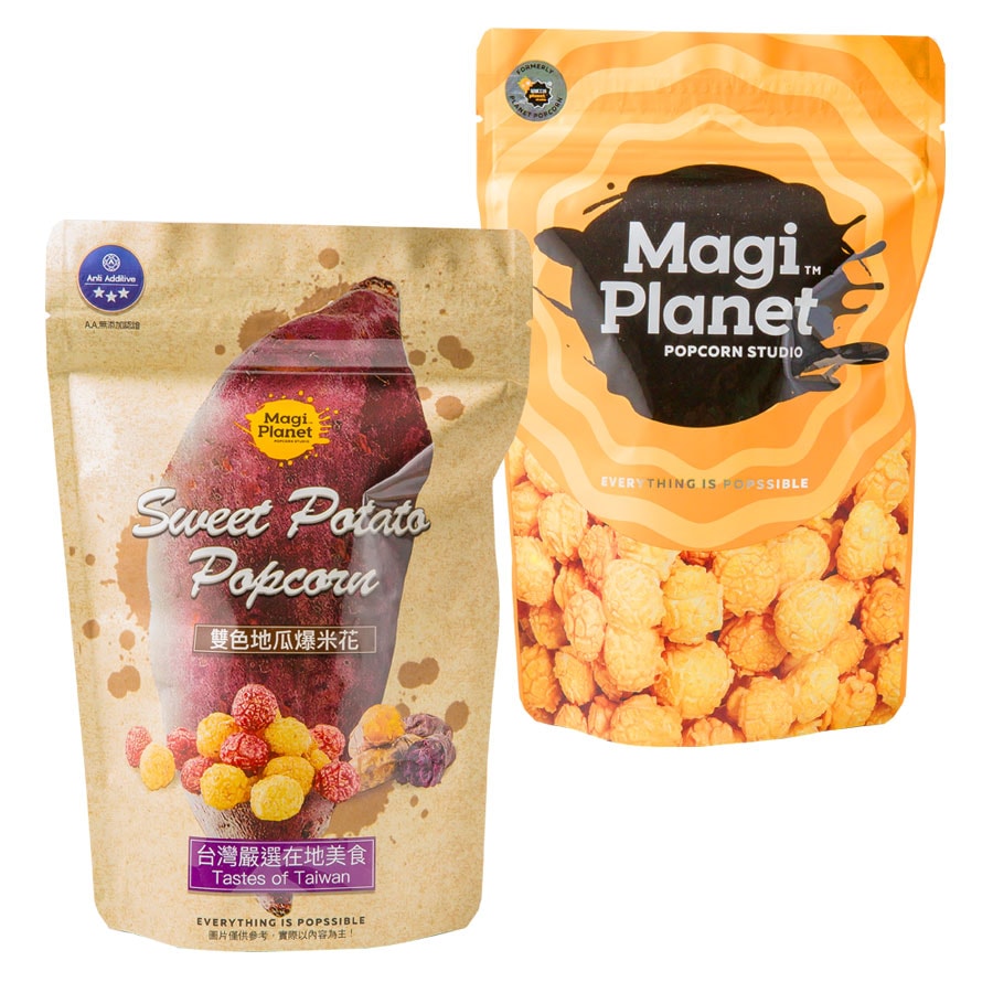 コーディネーターのおすすめ「台湾はちょっとしたポップコーンブーム。なかでも『Magi Planet』は人気で、独特のフレーバーも」右：甘い味の特濃起司(ダブルチーズ味)、左：雙色地瓜(2色の焼き芋味) 各90元。