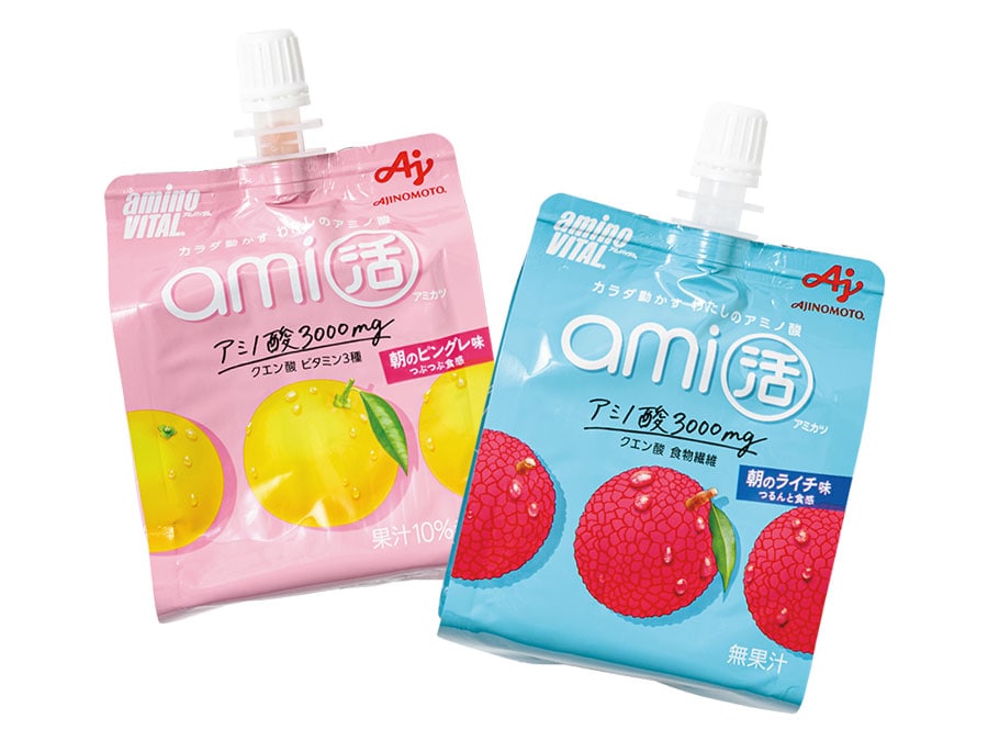 『アミノバイタル®ami活』ゼリードリンク 朝のピングレ味、朝のライチ味 各180g 210円／味の素KK