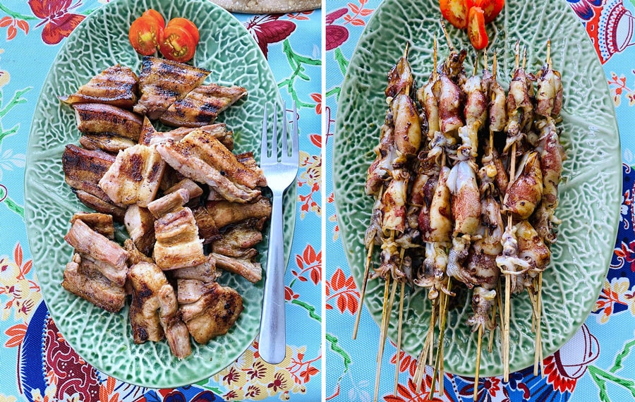 マリネして柔らかく焼き上げたポークリブと、イカの詰め物焼き。