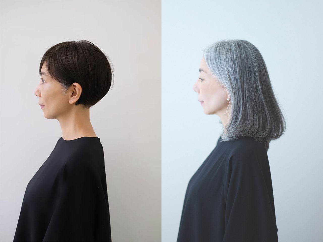 写真左はグレイヘア計画スタート時の広瀬裕子さん、右はグレイヘア完成後。※撮影　左：薫森正義（@magemori）　右：加藤新作