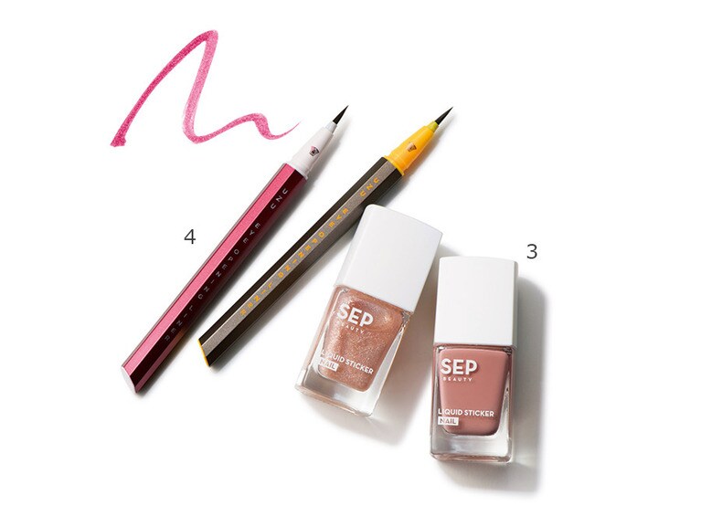 3. リキッドステッカーネイル チェリーブロッサム コレクション 夏限定セット(ブーケパープル＆ドリーミングピンク)1,500円／SEP BEAUTY(4/22限定発売)。4. UZU アイオープニングライナー(右から：グレイ、バーガンディ)各1,500円／ウズ バイ フローフシ