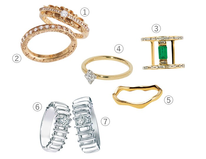 ①リング(22K×DIA) 763,400円、② (22K×DIA) 1,166,000円／クロムハーツ(クロムハーツ トーキョー)
③「SIGNATURE」(YG×DIA×エメラルド) 1,408,000円／ミラモア(ミラモア ファイン ジュエリー)
④「HANABI」(WG×YG×DIA) 132,000円／ミラモア(ミラモア ファイン ジュエリー)
⑤「KINTSUGI」(YG) 85,800円／ミラモア(ミラモア ファイン ジュエリー)
⑥「ジャーニー」レディス(PT×DIA) 572,000円、⑦「ジャーニー」メンズ(PT×DIA) 682,000円／サバース