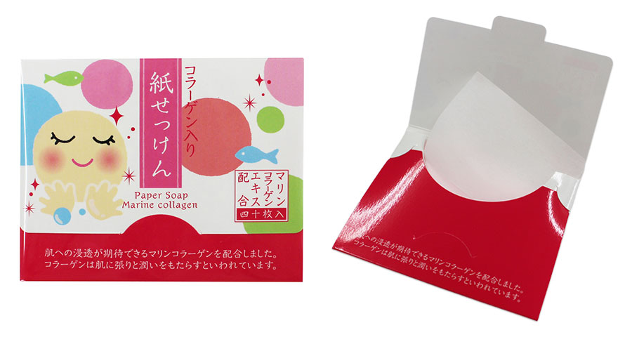 【京都の文具メーカーの紙せっけん】マリンコラーゲンが配合されたバージョン。コラーゲン 紙せっけん 40枚入 300円／表現社