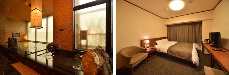 天然温泉 幣舞の湯 ラビスタ釧路川［北海道／釧路］左：女性内湯、右：ダブルルーム。