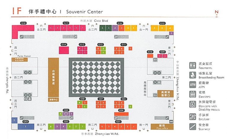 1階のマップ。名産品をはじめとした小型ショップが連なる。