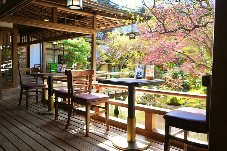 新緑や紅葉、四季の彩りを楽しめるテラス。中庭の大きな池は温泉の調整池としての役割も果たしていた。