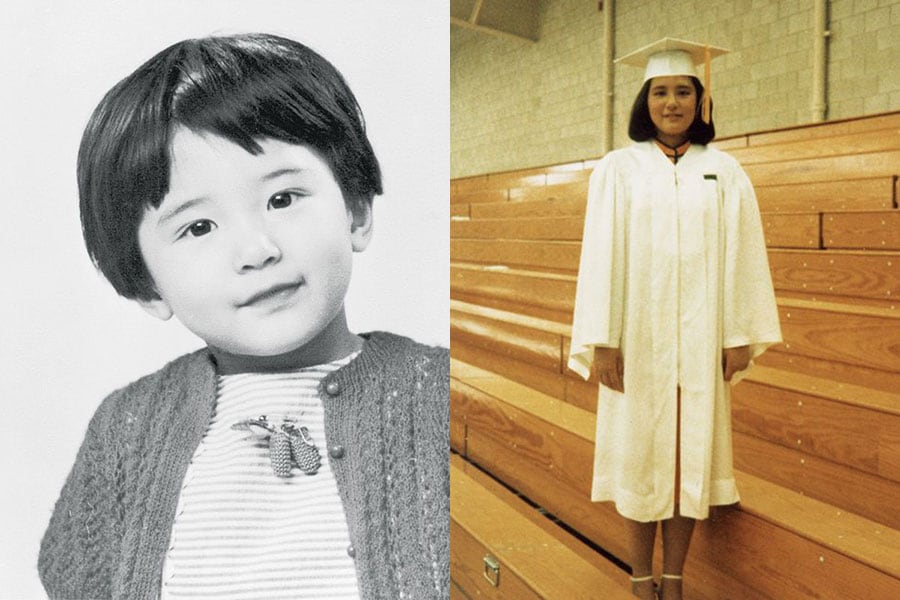 左：モスクワ、ニューヨークなどで幼少期を過ごした。2歳7カ月の頃。右：アメリカの高校の卒業式で。写真：宮内庁提供
