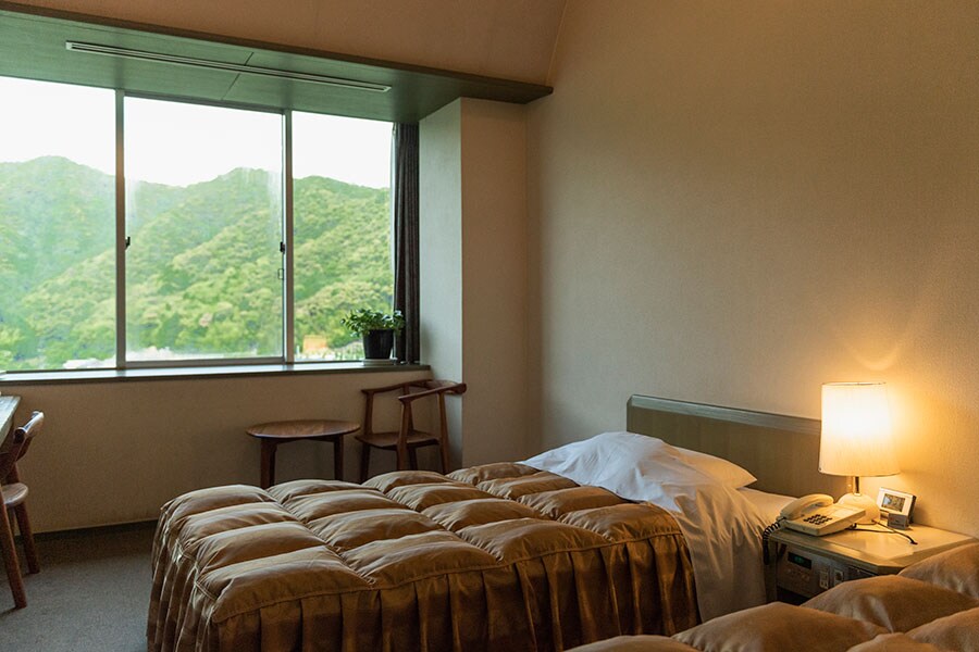 四万十川と山の景色が望める洋室タイプの客室。