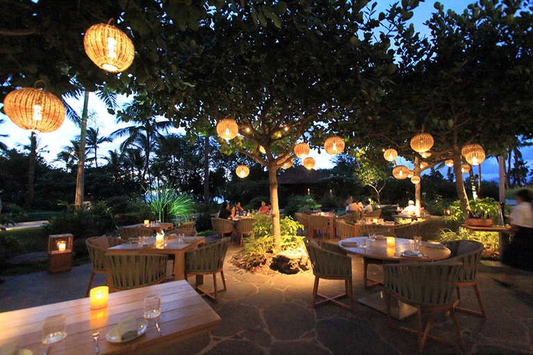 日が落ちると木の枝に吊された照明が灯って美しい。