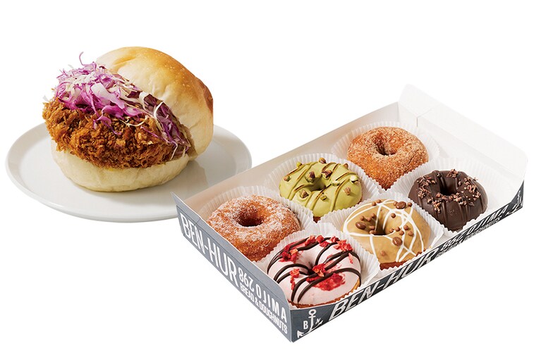 ドーナツ6個セット ドーナツ1個 216～432円＋箱代 143円、メンチカツバーガー 518円／BEN-HUR 298 OJIMA BREAD MARKET