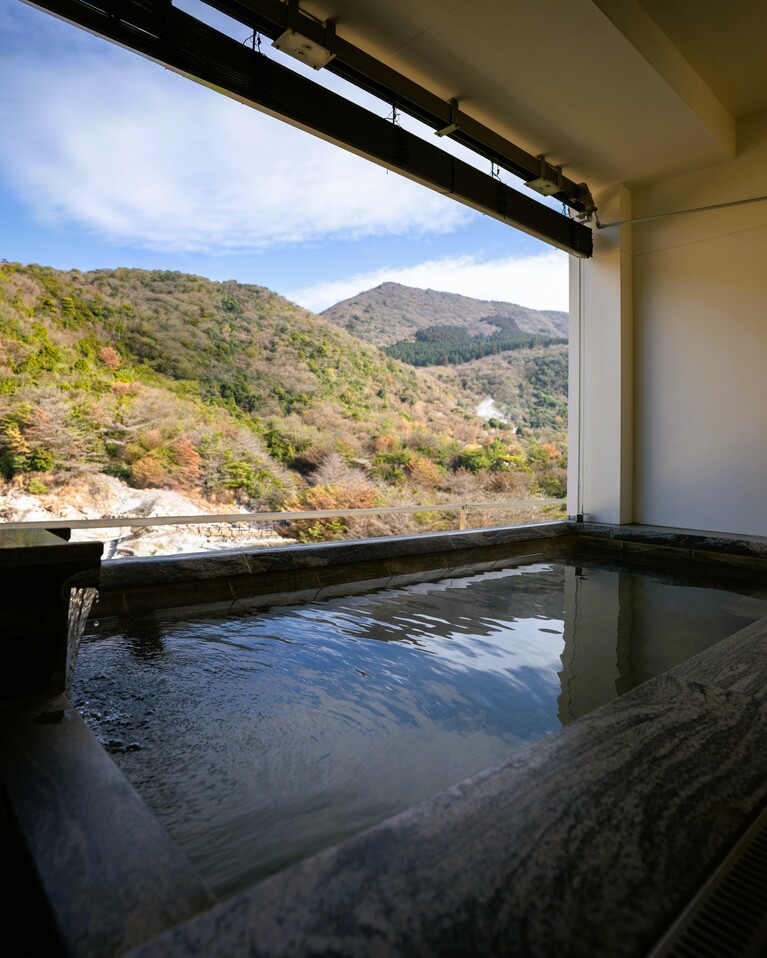 雲仙地獄を望む「客室付き露天風呂」。