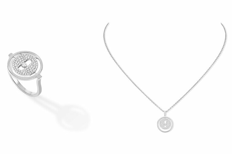 左から、ラッキー ムーヴ パヴェリング(DIA / WG) 250,000円、ラッキー ムーヴ パヴェ ネックレス S(DIA / WG) 330,000円。
