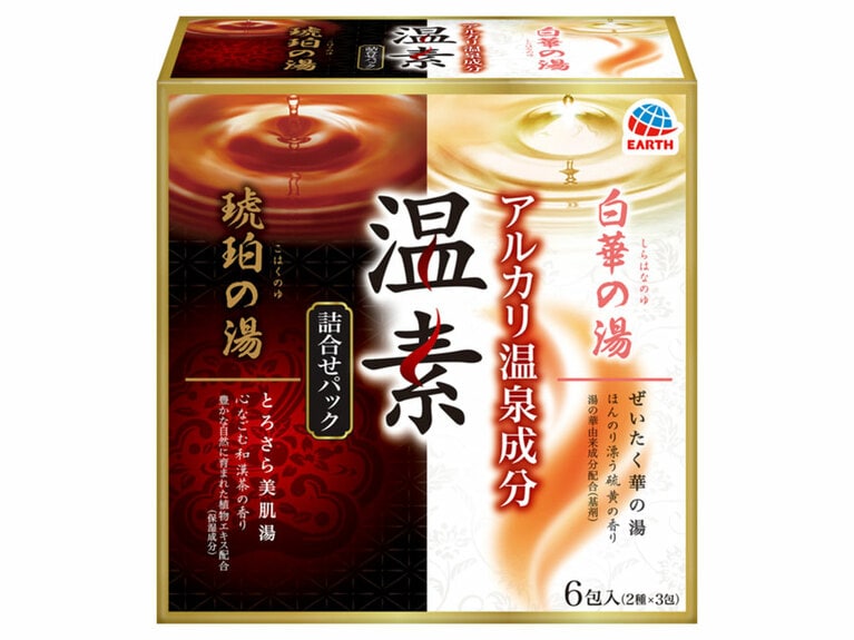 アルカリ温泉成分（炭酸ナトリウム）が温浴効果を高め、血行促進し、疲れた身体をほぐし、温泉成分（炭酸水素ナトリウム）で湯上りの肌をツルツルの感触に。温素 琥珀の湯＆白華の湯 詰合せパック（医薬部外品） 温素琥珀の湯3包、温素白華の湯3包入り 548円【販売名】琥珀の湯:バスロマンKN-2 白華の湯:バスロマンOSW-2／アース製薬　※本品は温泉を再現したものではない