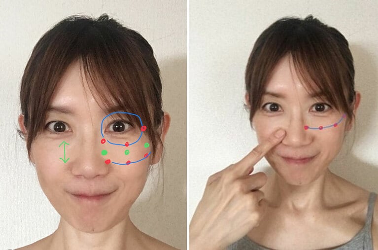 間延びしている人は、ライン①③の間の②のラインも押して刺激すると良い。