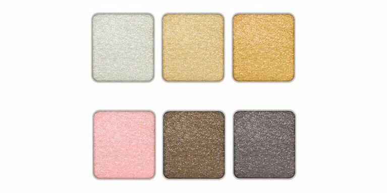 ラメがパッと広がって、ゴージャスで華やかな目元になる「グリッター」グループ。ケイト ザ アイカラー 上段左から、004ホワイト、005ゴールド、006ブロンズ。下段左から、008ピンク、021ブラウン、024ダークブラウン 各650円(編集部調べ)／カネボウ化粧品
