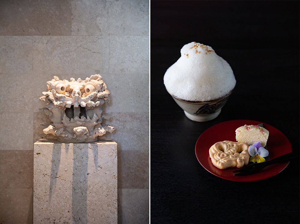 左：エントランスには、大嶺實清さん作のシーサーが鎮座。
右：宮廷の賓客をもてなした伝統菓子とぶくぶく茶でひと息。