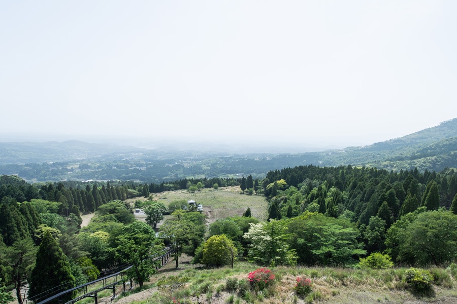 客室の内風呂から見下ろす絶景。晴れた日はもちろん、雨や霧に濡れる緑もまた美しい。