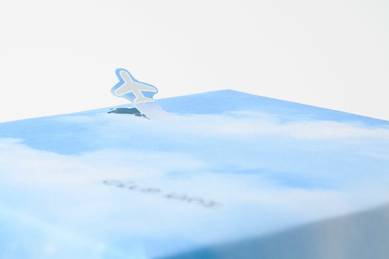 包装紙の飛行機を切りはがせば、まるで飛んでいるかのように。