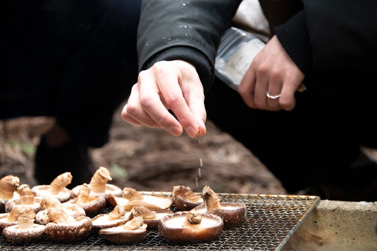 越前海岸の「百笑の塩」をパラパラと……。
