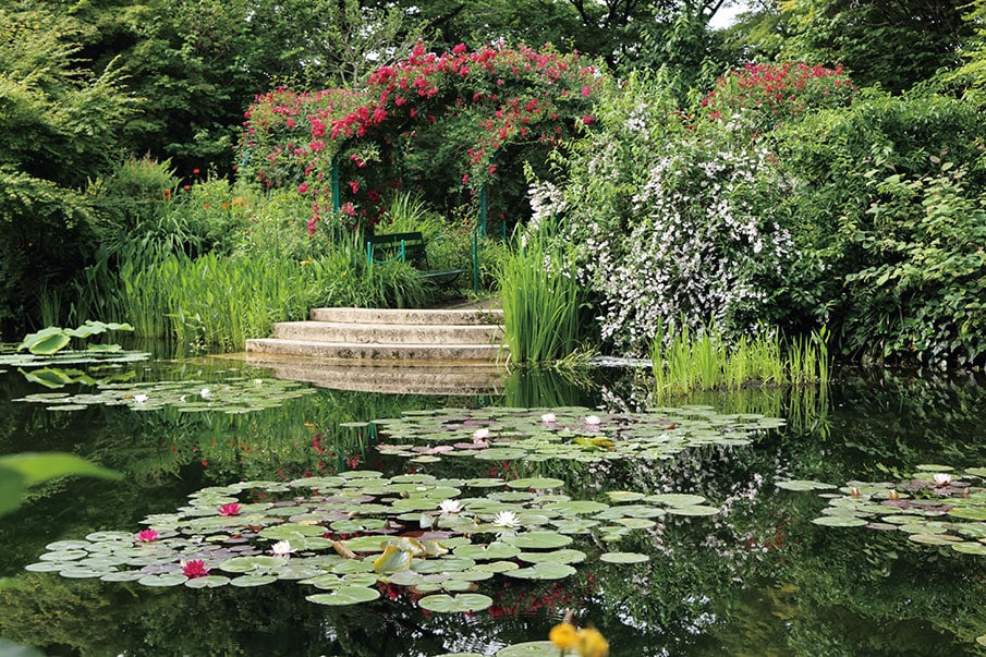 池のほとりにはバラのアーチが。5月には真っ赤な花が見頃を迎える。