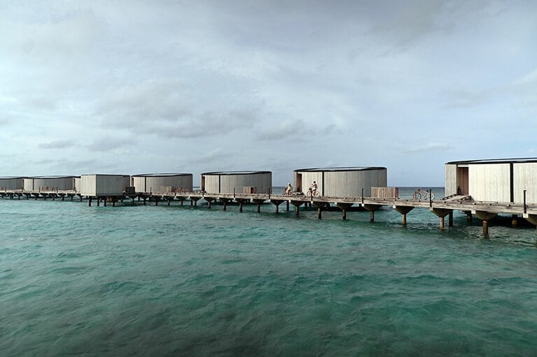 円形のヴィラ。天井にソーラーパネルを置き、ヴィラの電力を賄っています。サスティナブルなリゾートでもあります。