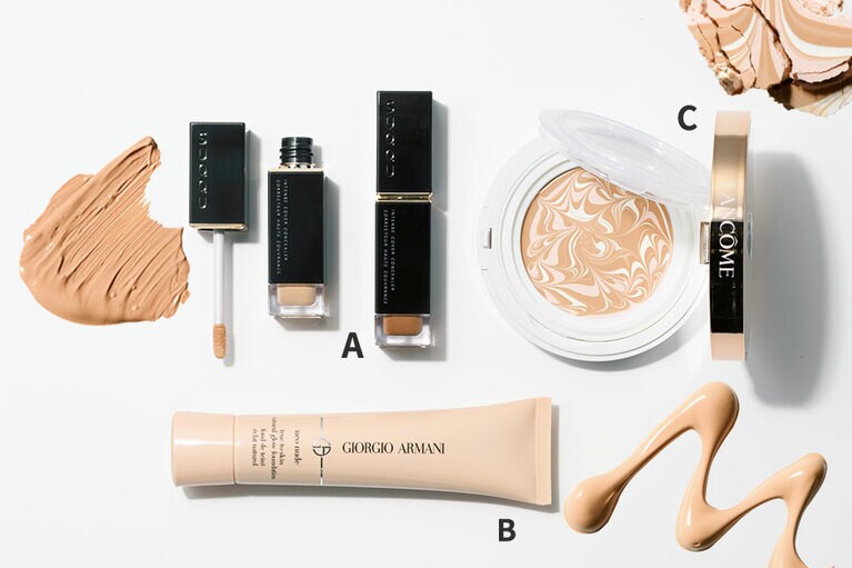 A：インテンス カバー コンシーラー 全7色 6g 5,000円／SUQQU B：ネオヌードファンデーション 全6色 35mL 6,200円／ジョルジオ アルマーニ ビューティ C：タン クラリフィック マーブル コンパクト SPF50・PA+++ 全2色 7,100円(セット価格)／ランコム