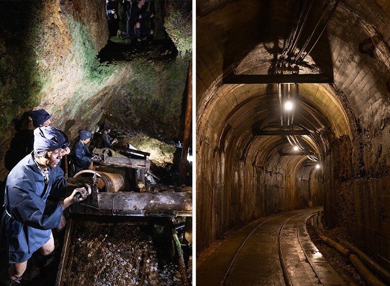 金採掘を追体験する坑道。江戸時代に開発された手掘り坑道を歩く「宗太夫坑 江戸金山絵巻コース」（写真左）と「道遊の割戸」や近代の坑道跡などを堪能できる「道遊坑 明治官営鉱山コース」（写真右）。