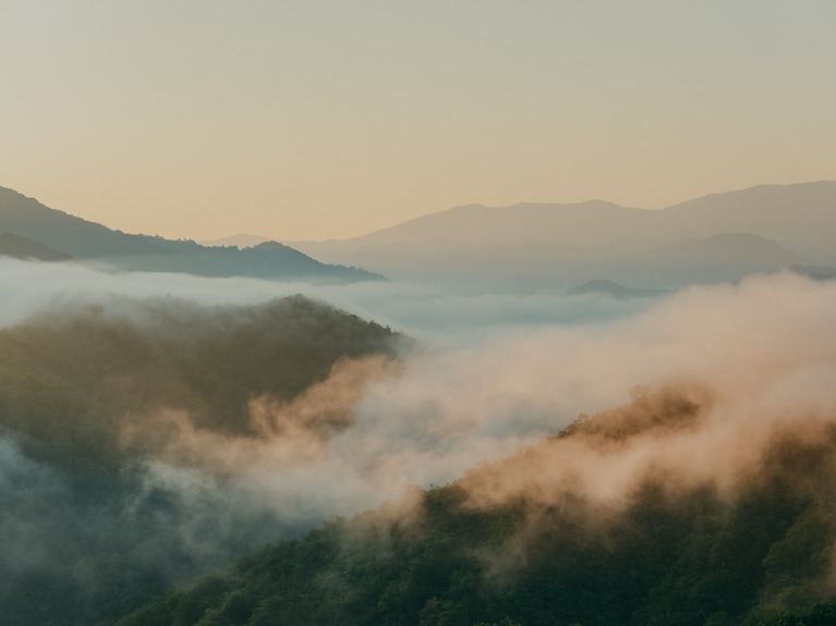 谷から雲があふれ出る様子はまさに滝雲。朝日に染まるその光景は幻想的だ。撮影：峰岡歩未