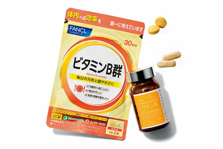 左から：水溶性のため流出しやすい特長があるが、体内に長く留める処方で、より効果的に。ビタミンB群 60粒 350円／ファンケル  日本人に合わせた処方設計で、8種類をバランスよく配合。セレブリスタ ビタミンB 60粒 3,000円／雄飛堂