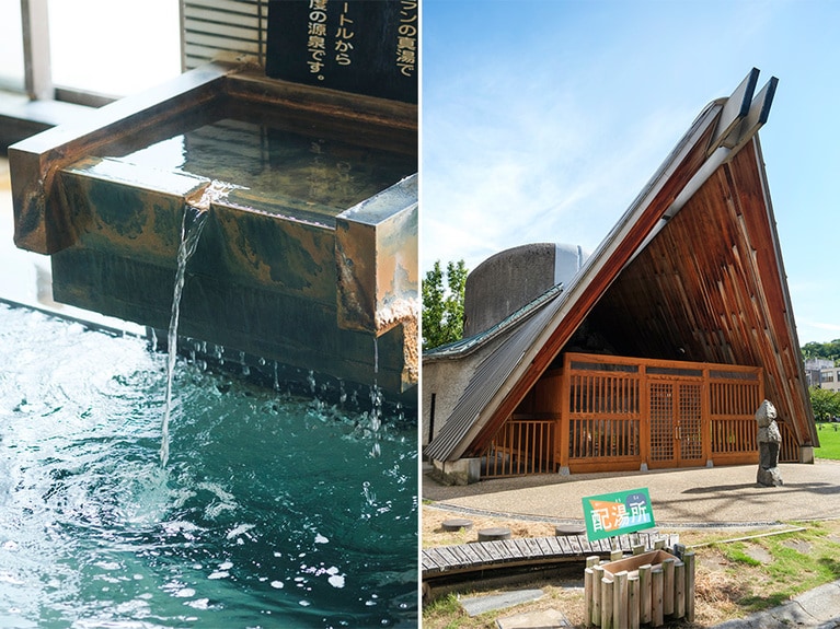 （左）源泉は摂氏72.5度の強塩泉。（右）「季がさね」のすぐ目の前にある温泉の配湯所。無料の足湯も楽しめる。