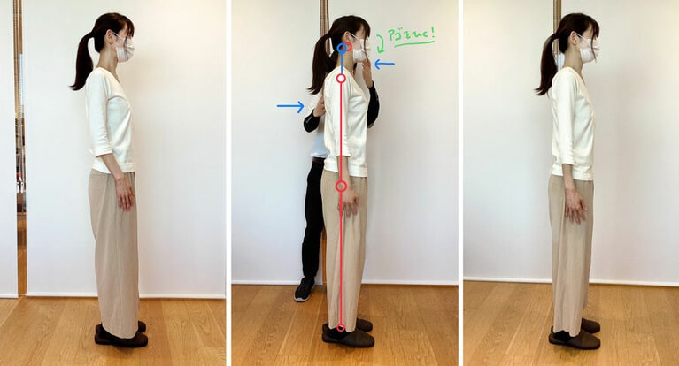 「春日式」姿勢（左）を真ん中のように修正していただいたのが、右。体に1本柱が通ったようでラクです！