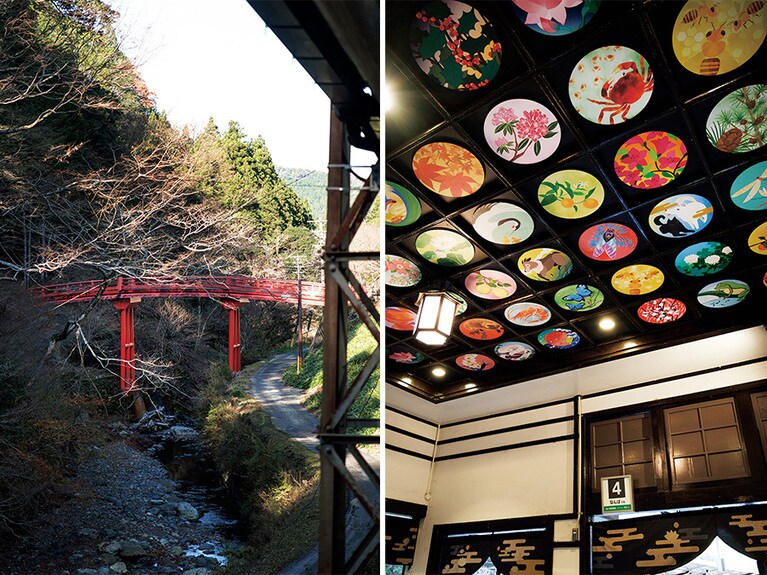 （左）極楽橋。4月中～下旬には桜が見頃を迎える。（右）極楽橋駅の天井絵巻。乗り換えでひと息ついてほしいというコンセプトで複数の作家が作画。