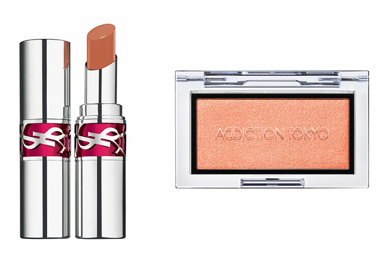 左から：濃厚シロップテクスチャーで、むっちりボリューミーな唇に。ルージュ ヴォリュプテ キャンディグレーズ 4　4,730円／イヴ・サンローラン・ボーテ(0120-526-333)、繊細なパール感でフレッシュなツヤと血色をオン。アディクション　ザ ブラッシュ パール 001P 3,300円／ADDICTION BEAUTY(0120-586-683)
